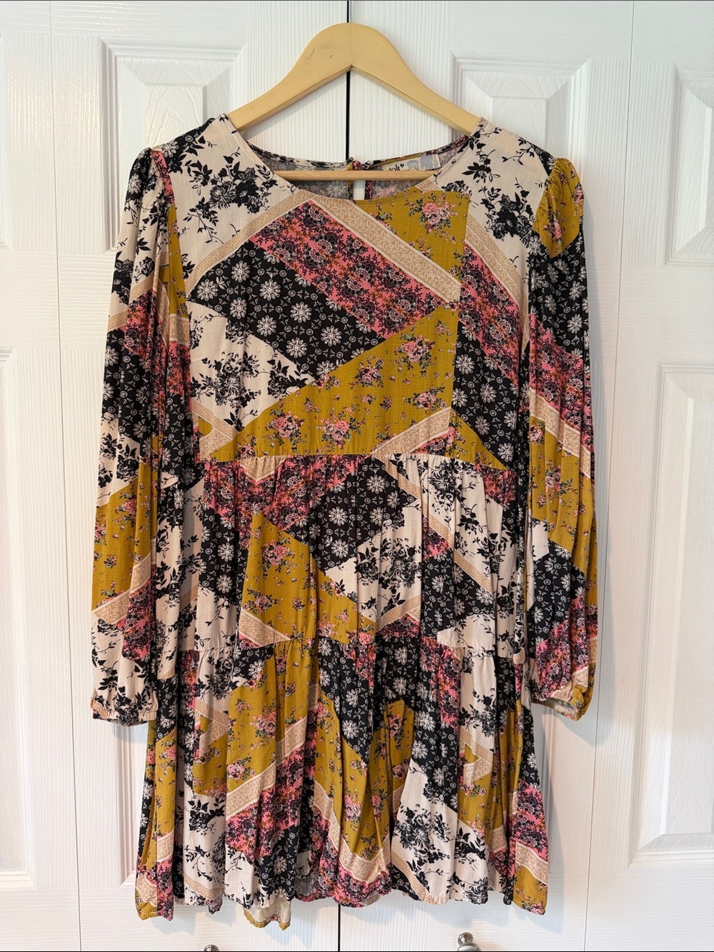 Jolt Mustard Black Pink Patchwork Tiered Long Sleeve Dress